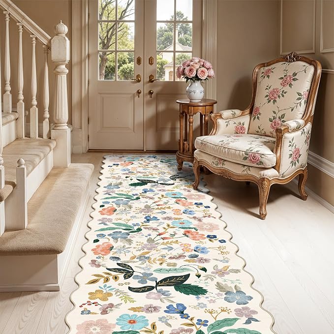 Washable 2x8 Hallway Runner Rug: Vintage Water-Resistant Floral Scalloped by HYHAOYUNLAI