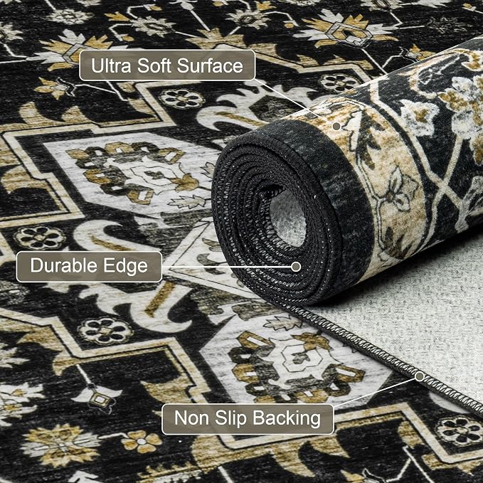 Round Area Rug for Living Room: 6ft Boho Washable Rug Black Gold | Vintage Boho - Image 6