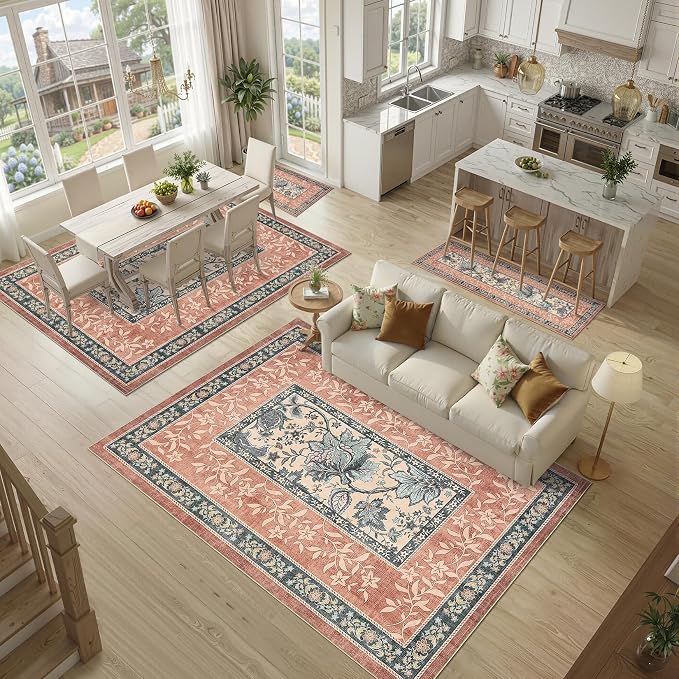 GarveeHome Terracotta Teal Area Rugs 9x12 Living Room, Botanical Grove Cottage - Image 8