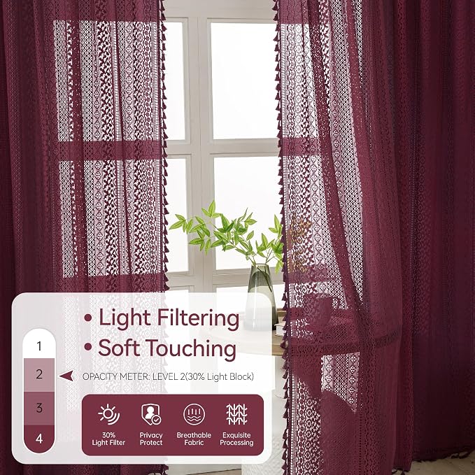 WAZZIO Boho Lace Curtains 63 Inches 2 Panel, Light Filtering Privacy Tassel & - Image 7