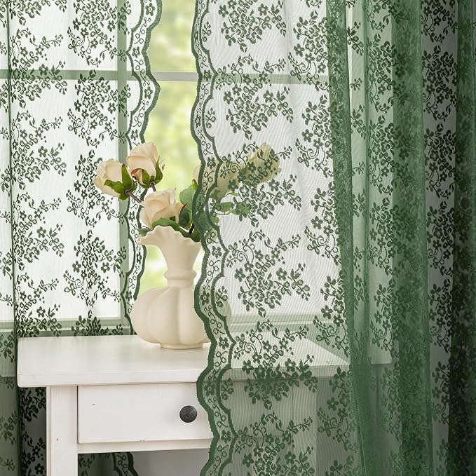 YJ YANJUN Vintage Lace Curtains 72 Inches Long-Victorian Floral Pattern Dark - Image 2
