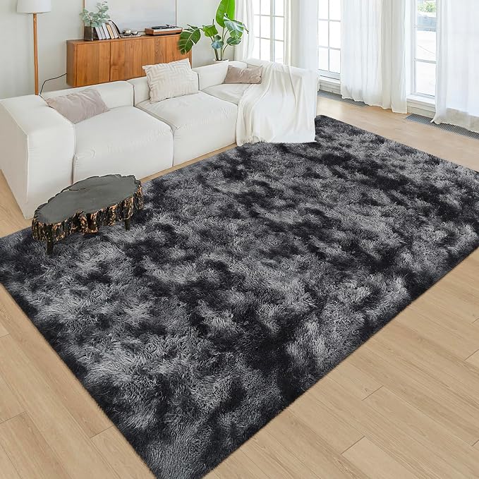 Black Grey Tie-Dyed Rug for Living Room 5x8 Fluffy Area Rug Mat Bedside Throw - Image 2