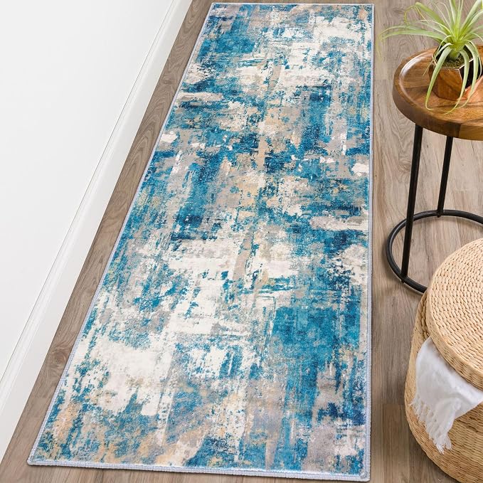 KOZYFLY Modern Abstract Runner Rug 2x6 Turquoise/Beige/Grey/Yellow Runners - Image 3