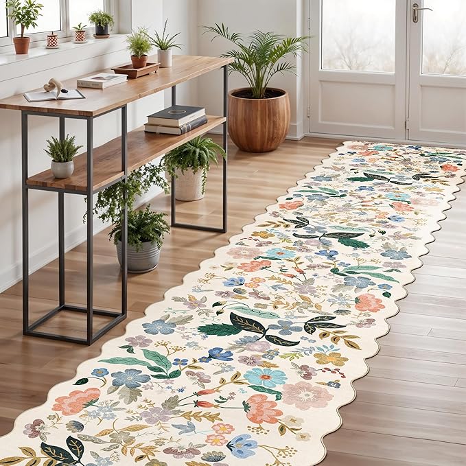 Washable Hallway 2'6x12 Runner Rug: Floral Scalloped Rug - Image 3