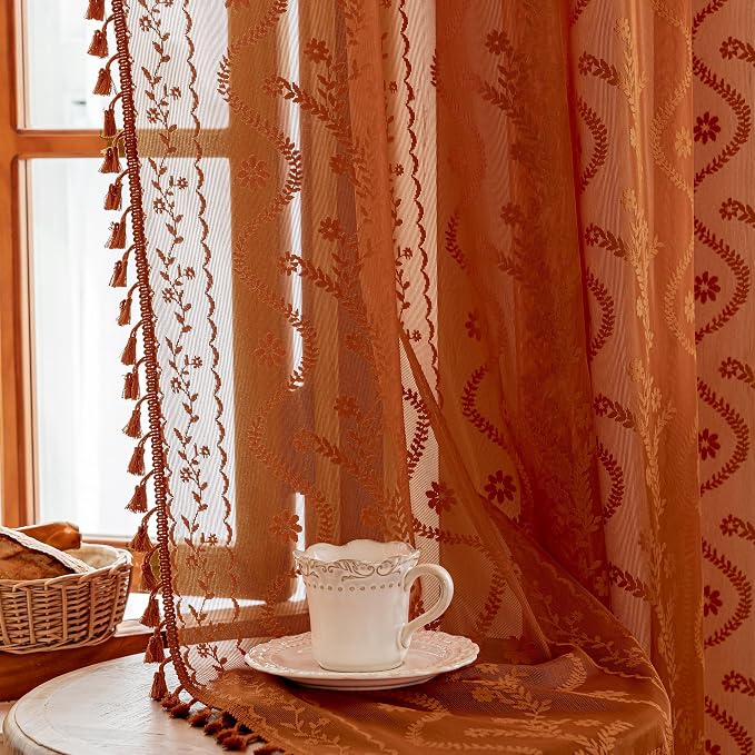WAZZIO Boho Lace Curtains 72 Inch 2 Panels-Vintage Sheer Panel Drape Floral - Image 5