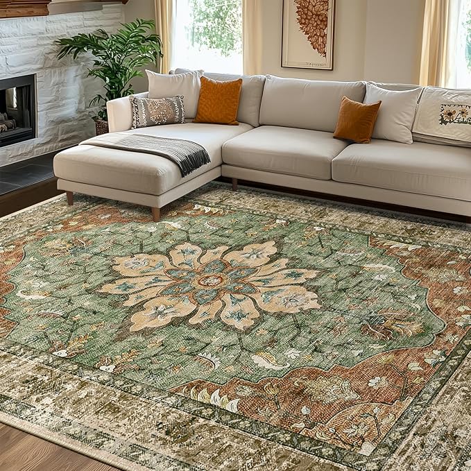 Area Rugs 8'x10' Washable Non-Slip, Floral Vintage Distress Print Pattern - Image 2