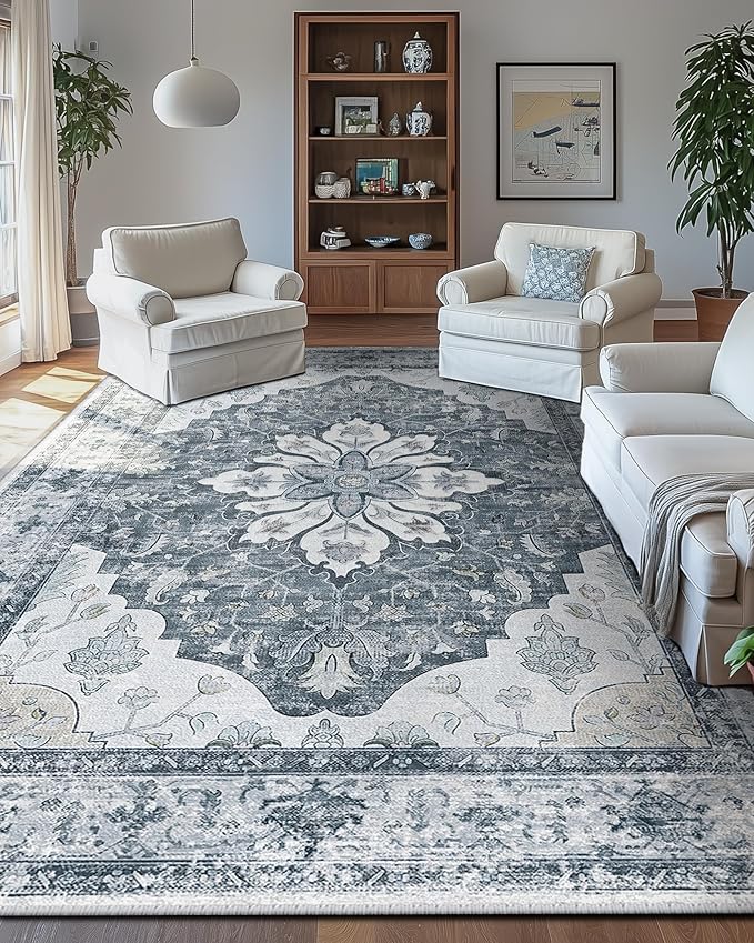 Area Rugs 9'x12' Washable Non-Slip, Floral Vintage Distress Print Pattern - Image 3