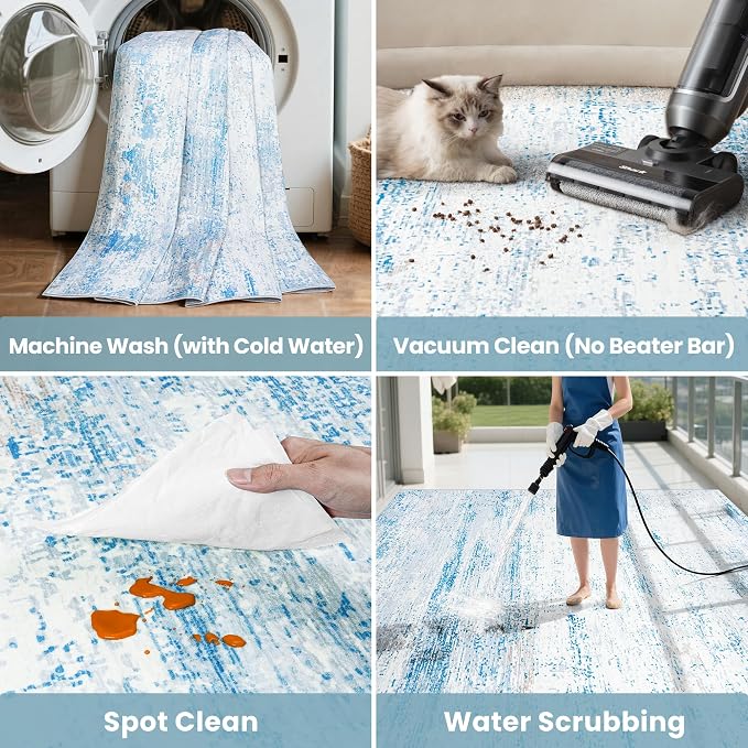 5x7 Washable Area Rug for Living Room Bedroom: Non-Slip Modern Light Blue | - Image 6