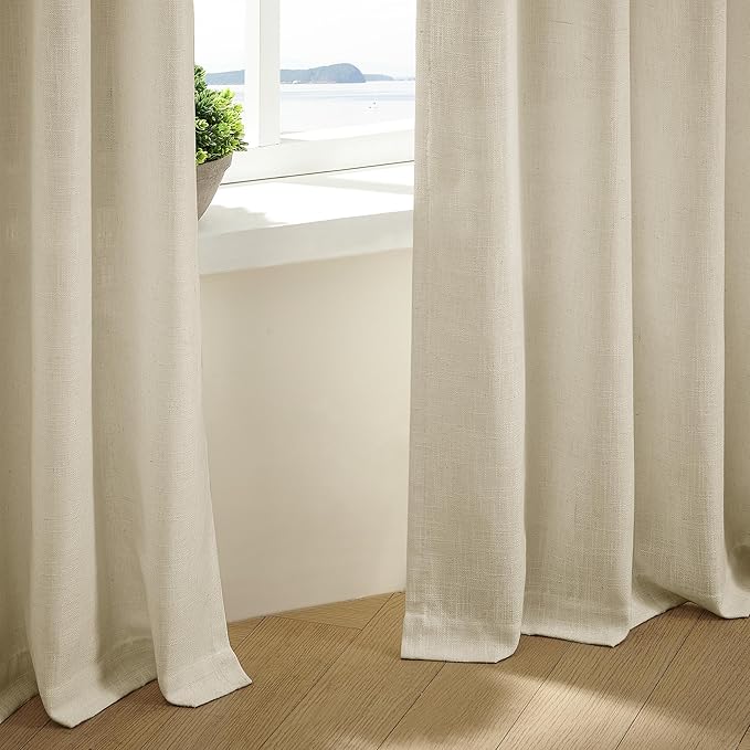 Beige Pinch Pleated Linen Curtains 105 Inches Long 2 Panels | Memory Training - Image 3