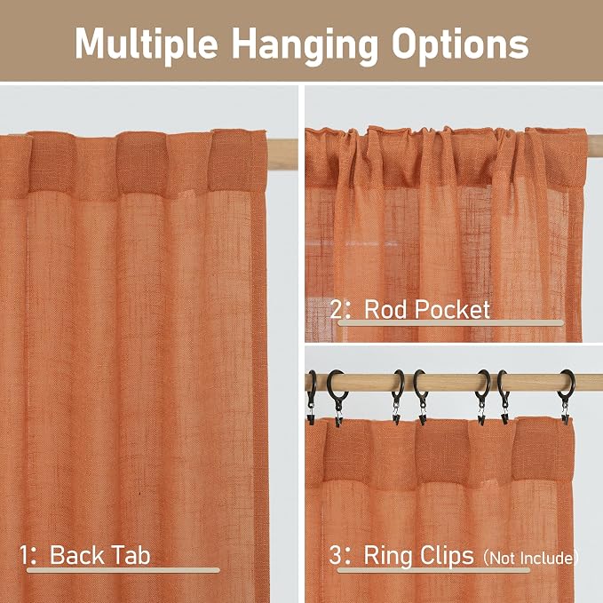 LAMIT Burnt Orange Semi Sheer Window Linen Curtains 63 Inch Length, Light - Image 3