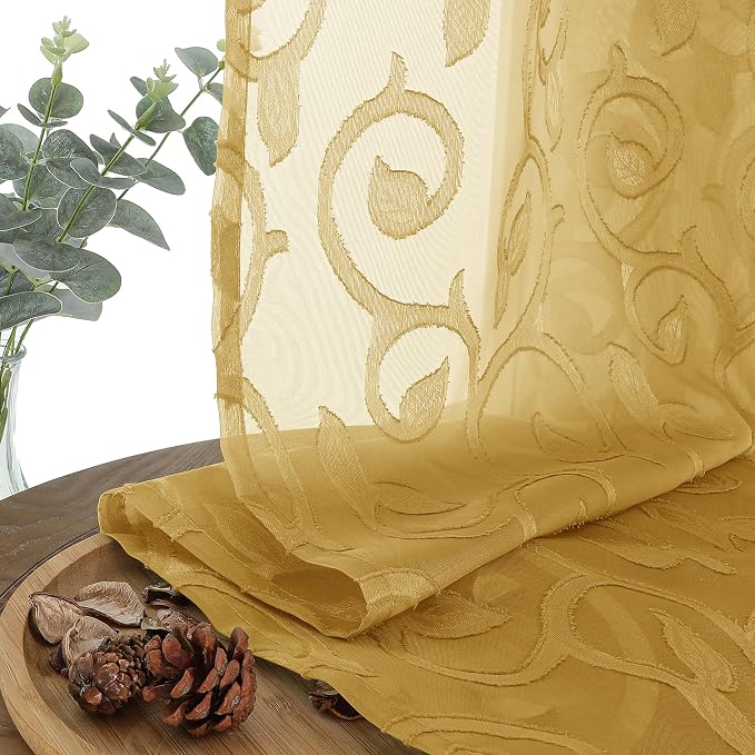 OWENIE Furman Gold Sheer Curtains 45 Inch Length 2 Panels Set - Image 5