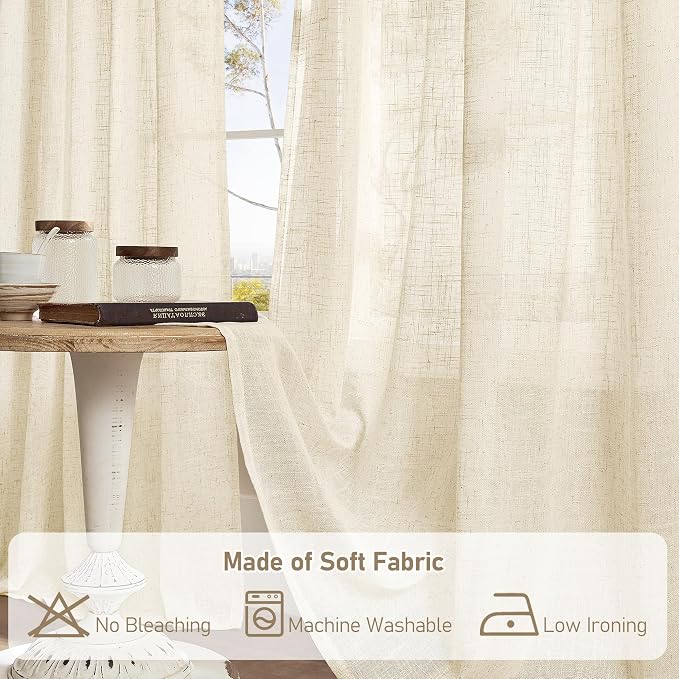 LAMIT Beige Linen Curtains for Living Room 84 inch Length, Light Filtering Semi - Image 8