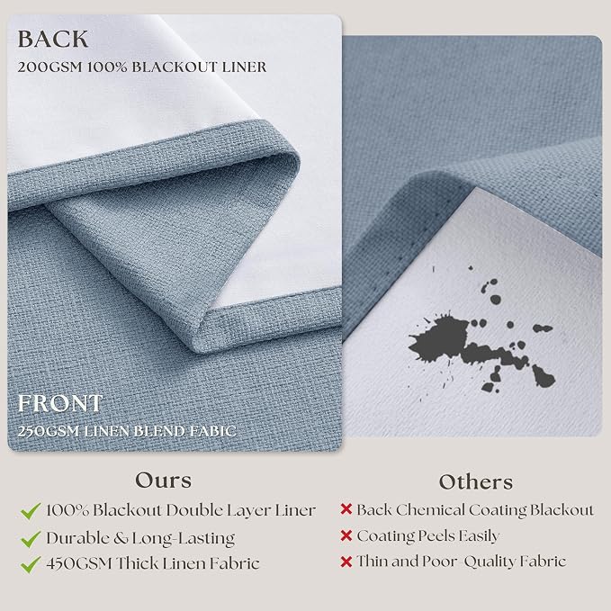 Light Blue Linen Memory Trained Black Out Pleated 105 Inch Curtains 2 Panel | - Image 7