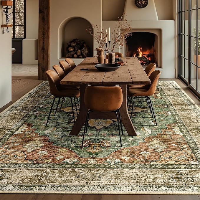 Area Rugs 10'x12' Washable Non-Slip, Floral Vintage Distress Print Pattern - Image 4