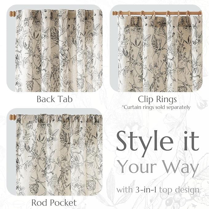 jinchan Floral Curtains 90 Inch Length Black Flower Linen Farmhouse Curtain - Image 5