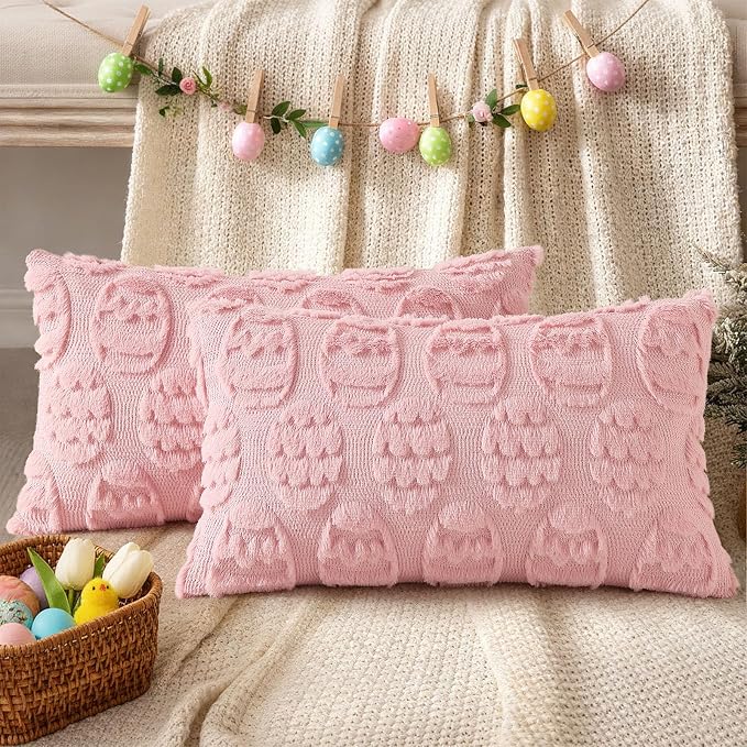 decorUhome Easter Pink Egg Pillow Covers 12x20 Inch Set of 2, Soft Plush Faux - Image 4