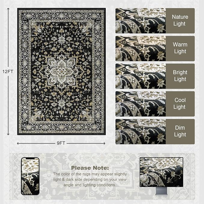 Area Rugs 9x12 Living Room Rug: Washable Rug Soft Vintage Boho Medallion Carpet - Image 2
