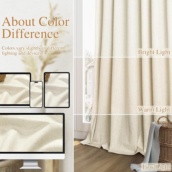 Guken Warm Beige 100% Blackout Linen Curtains 102 Inch Length 2 Panels Set - Image 7