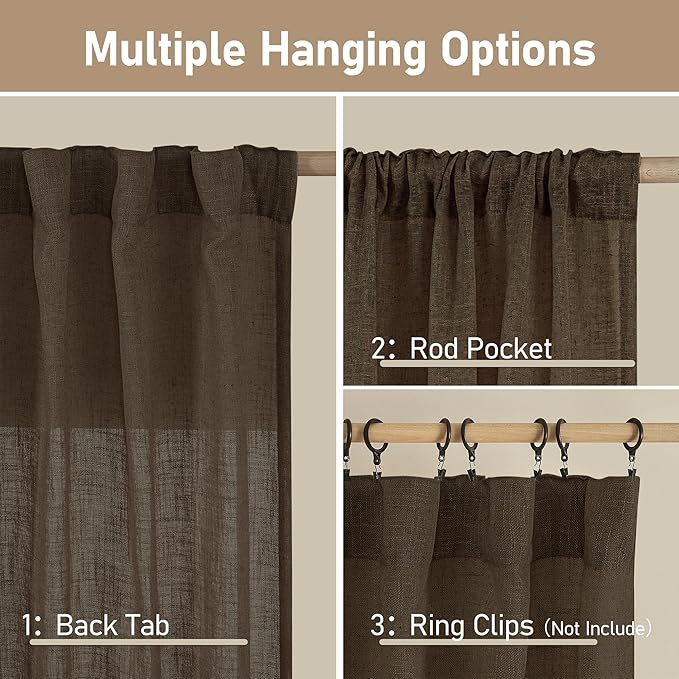 LAMIT Dark Brown Linen Boho Curtains 84 inch Length 2 Panels, Light Filtering - Image 3