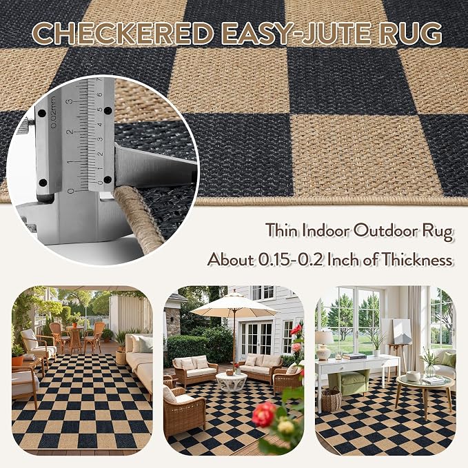 Lahome Colette Checkered Easy Jute 8x10 Rug, Washable Rugs - Image 3