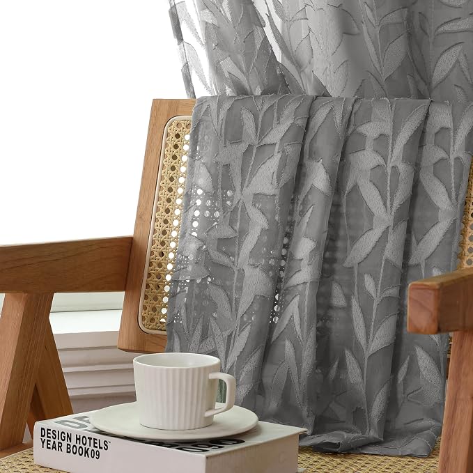 Lecloud Leia Charcoal Grey Sheer Curtains 63 Inch Length 2 Panels, Rustic Light - Image 2