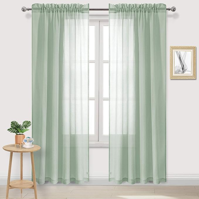 DWCN Bean Green Sheer Curtains Semi Transparent Voile Rod Pocket Curtains by DWCN