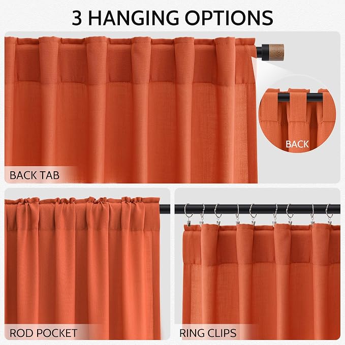 Nanspring Bright Orange Linen Blend Light Filtering Back Tab Curtains 96 Inches - Image 3