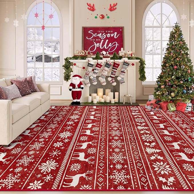 Christmas Rug 8x10 Washable Rugs, Boho Christmas Tree Snowflake Rug Non-Slip by VECARF