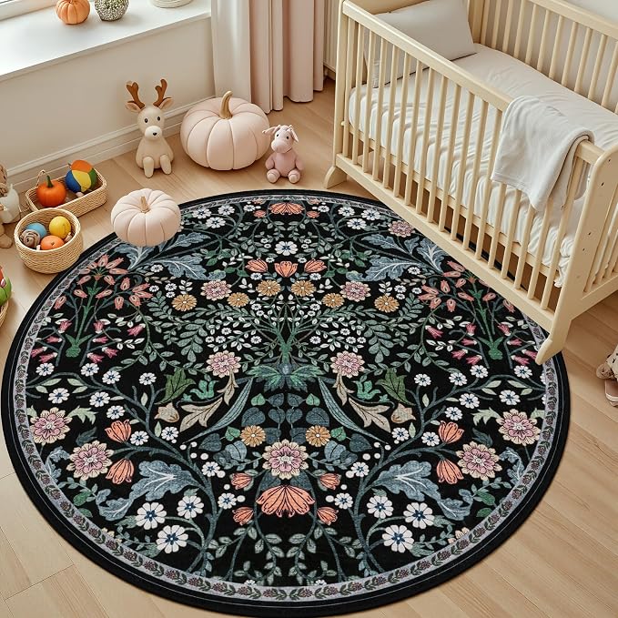 Round Area Rug for Living Room: 6 ft Floral Washable Circle Rug Soft Boho - Image 5