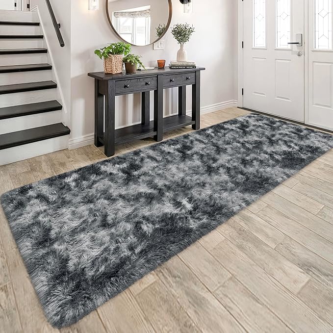 Tie-Dyed Dark Grey 3x10 Machine Washable Runner Rugs by JiaoBaba