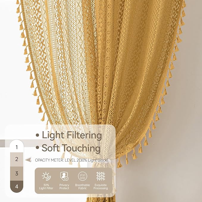 WAZZIO Boho Lace Curtains 63 Inches 2 Panel, Light Filtering Privacy Tassel & - Image 4