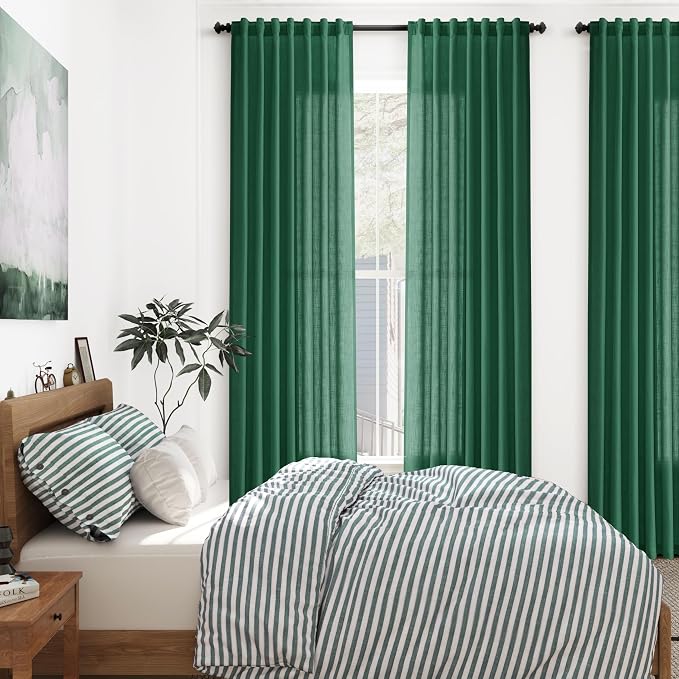 Dark Green Linen Curtains 90 Inch Long 2 Panels Set - Image 7