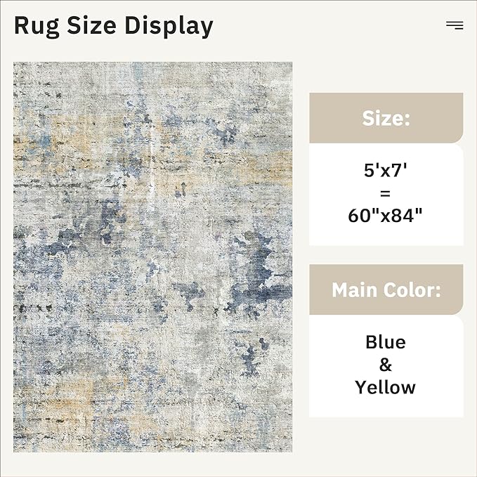 Abstract Rug 5x7 Machine Washable Area Indoor Blue Yellow Low Pile Non-Slip - Image 5