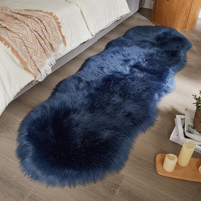 AMTOVO Faux Sheepskin Rug, Dark Blue Ultra Soft Fluffy Shag Area Rug, 2 x 6 ft - Image 3