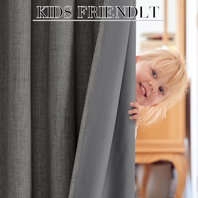 RYB HOME Grey Linen 100% Blackout Curtains - Image 5