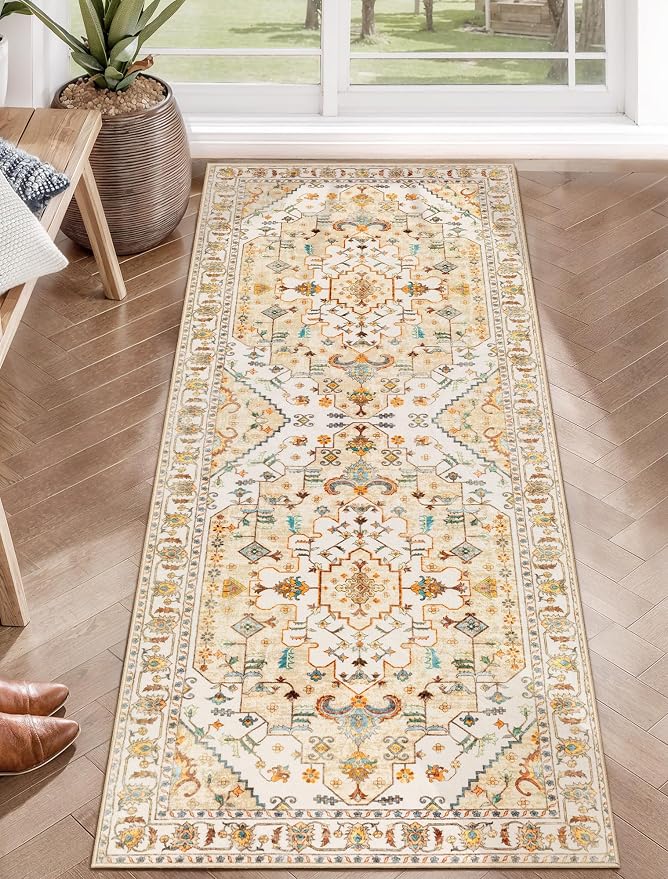 SERISSA Boho Washable Runner Rug, 2x5 Rug Runner Non-Slip Vintage Light Yellow by SERISSAHomeDecorCollection