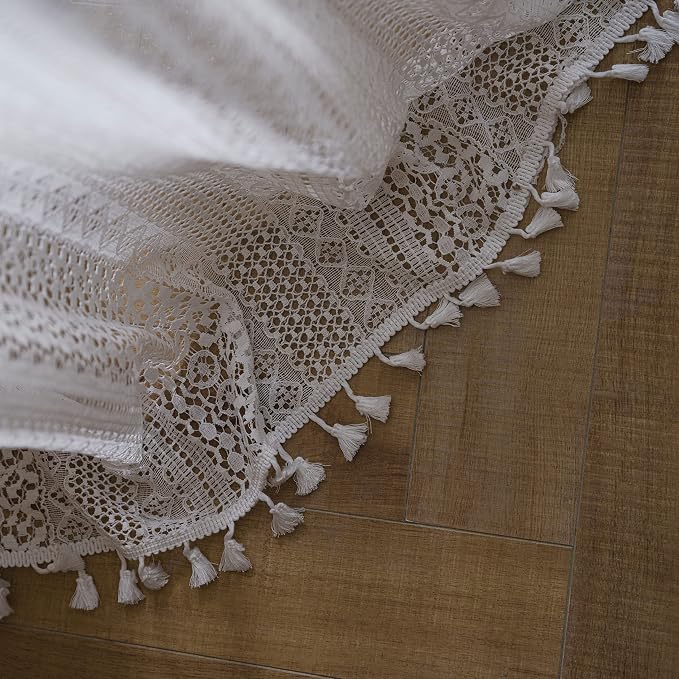 WAZZIO Boho Lace Curtains 63 Inches 2 Panel, Light Filtering Privacy Tassel & - Image 8