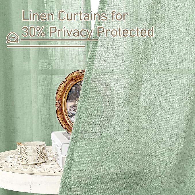 LAMIT Fresh Green Linen Curtains 54 Inch Length 2 Panels, Light Filtering Semi - Image 6