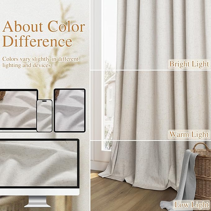 Guken Extra Long Light Beige 100% Blackout Curtains 144 Inch Length 2 Panels - Image 7