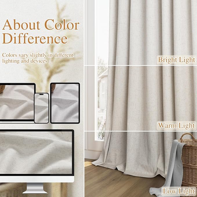 Guken 100% Black Out Light Beige Linen Curtains 90 Inch Long - Image 7