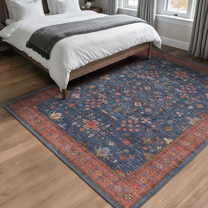 Hazo Haus Dark Blue & Terracotta 5x8 Living Room Rug - Image 6