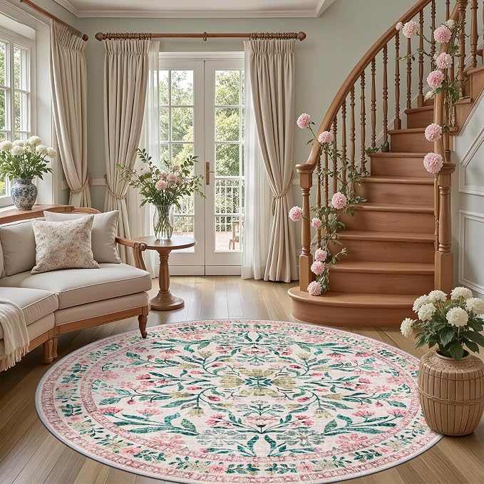 Round Area Rug for Living Room: 6 ft Floral Washable Circle Rug Soft Boho - Image 2