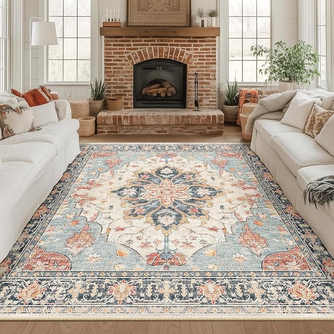 RELEANY Area Rugs Square 8ft Washable Non-Slip, Floral Vintage Distress Print by RELEANY