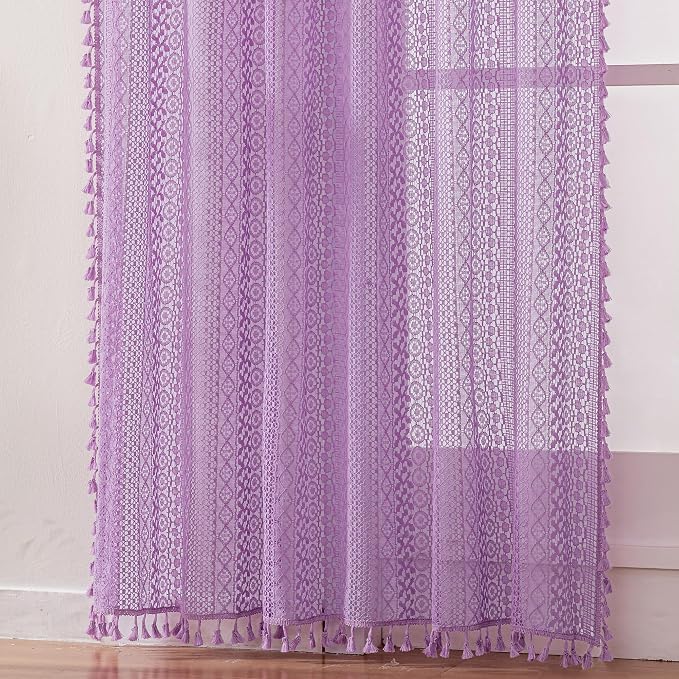 WAZZIO Boho Lace Curtains 84 Inches 2 Panel, Light Filtering Privacy Tassel & - Image 5