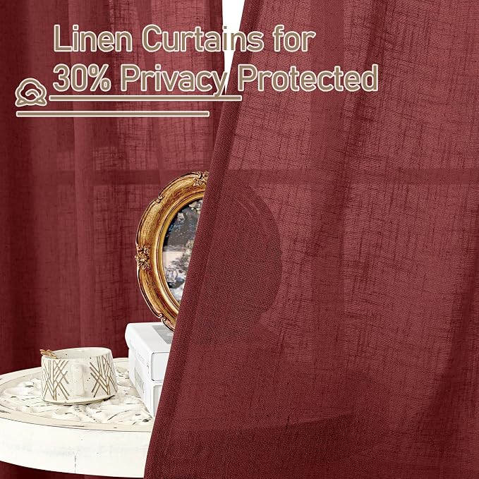 LAMIT Burgundy Red Sheer Linen Curtains 84 inch Length, Light Filtering Semi - Image 6