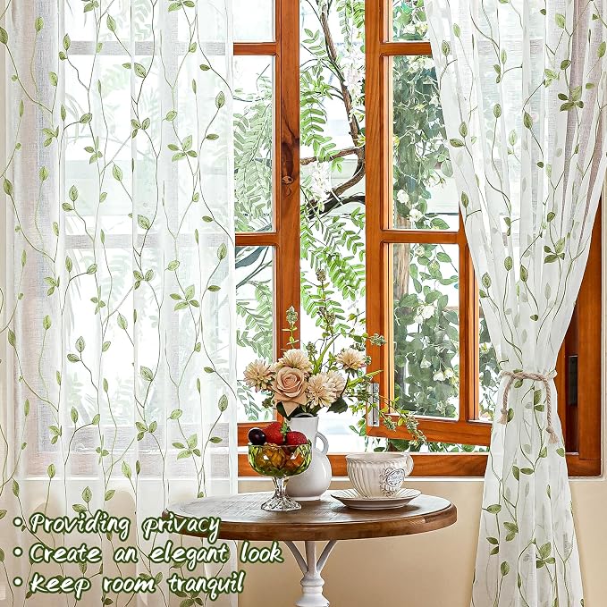 AmHoo 2 Panels Embroidered Leaf Pattern Semi Sheer Curtains Foliage Floral - Image 6