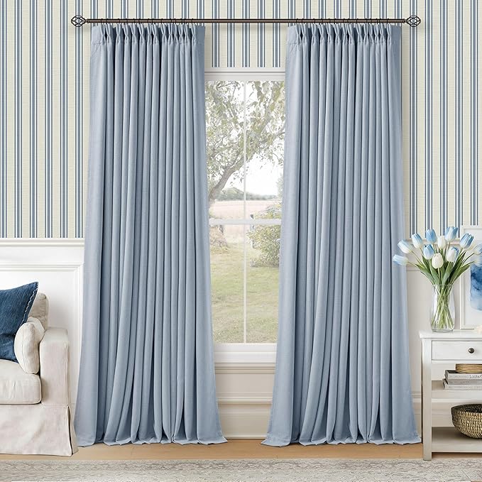 Light Blue Pinch Pleated Dual Layer Blackout Linen Curtains 102 Inches Long | by Twodrapes