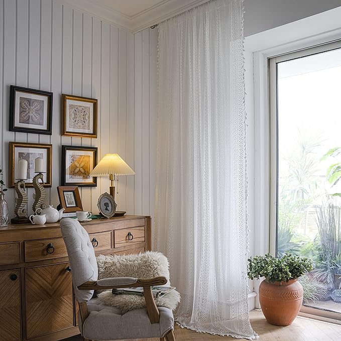 WAZZIO Boho Lace Curtains 84 Inches 2 Panel, Light Filtering Privacy Tassel & - Image 3