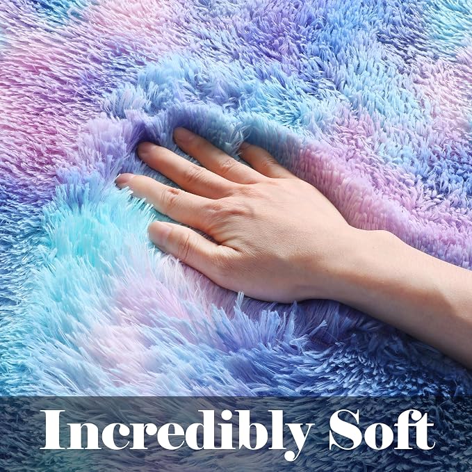 ONASAR Fluffy Area Rugs for Girls Bedroom, 4x6 Purple Rainbow Bedside Rug - Image 2
