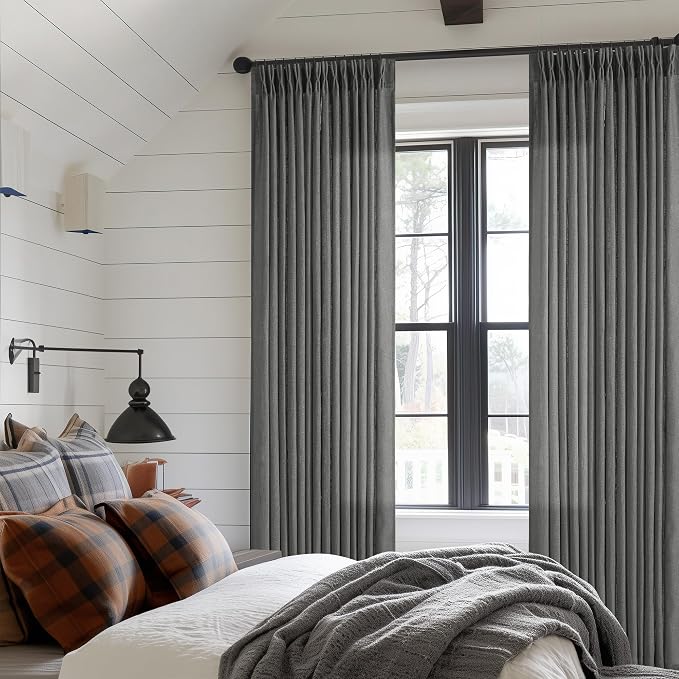 Dark Gray Linen Pinch Pleated Light Filter Curtains 96 Inches Long 2 Panels | - Image 6